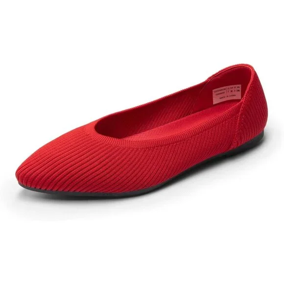 Women's Red Knit Ballet Pointed Toe Breathable Casual Classic Dressy Flats - Picture 4 of 7